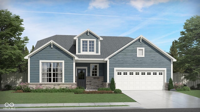 view of front facade with driveway, a front lawn, stone siding, and fence