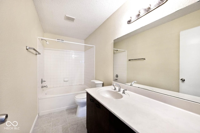 bathroom with shower / bath combination, visible vents, toilet, a textured ceiling, and vanity