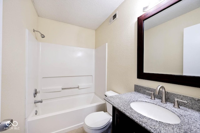 bathroom with visible vents, toilet, a textured ceiling, vanity, and shower / bathing tub combination