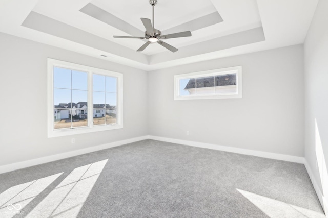 unfurnished room with a healthy amount of sunlight, baseboards, and a raised ceiling