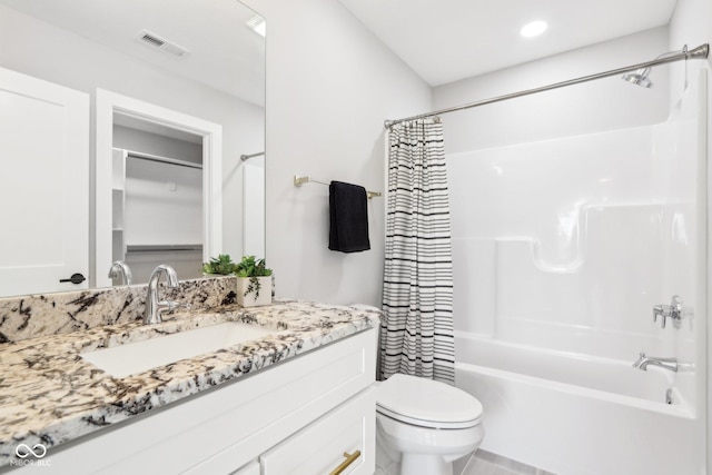 bathroom featuring recessed lighting, visible vents, toilet, shower / tub combo, and vanity