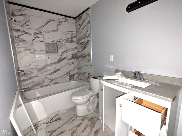 full bath featuring washtub / shower combination, marble finish floor, toilet, and vanity