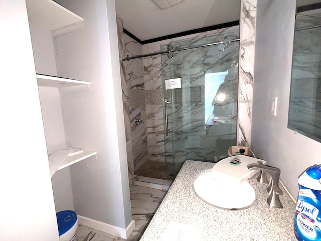 full bath with toilet, marble finish floor, a marble finish shower, and baseboards