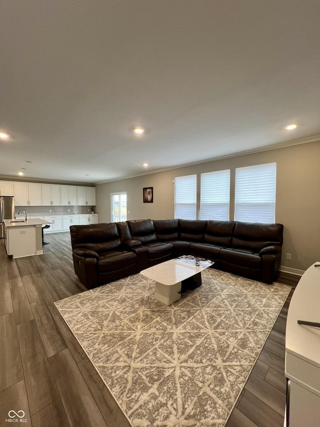 living room with baseboards, recessed lighting, wood finished floors, and crown molding