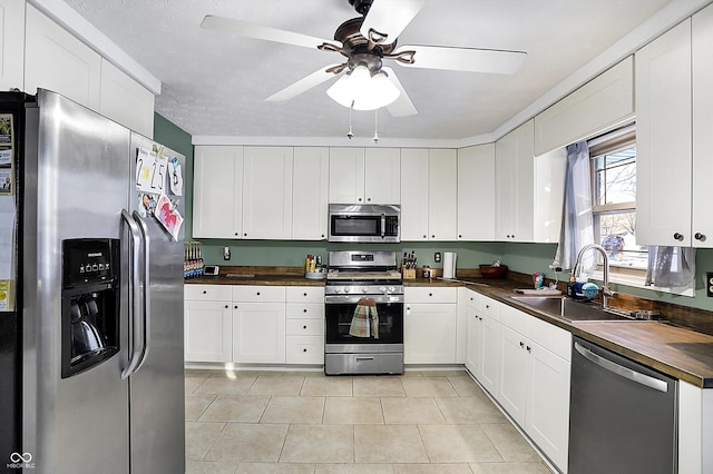 kitchen featuring stainless steel appliances, a ceiling fan, white cabinetry, a sink, and wood counters