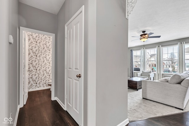 corridor with dark wood-type flooring and baseboards