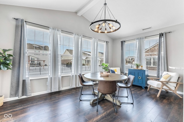 dining room with vaulted ceiling with beams, visible vents, baseboards, dark wood finished floors, and an inviting chandelier