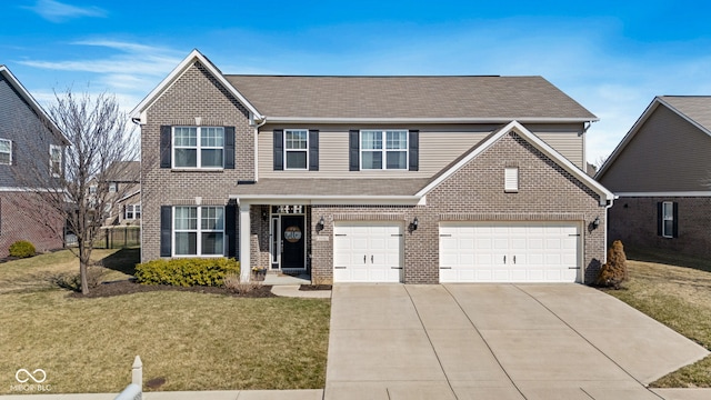 traditional-style home featuring brick siding, a garage, a front lawn, and driveway