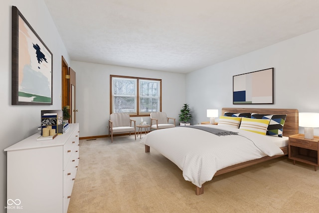 bedroom featuring baseboards and light colored carpet