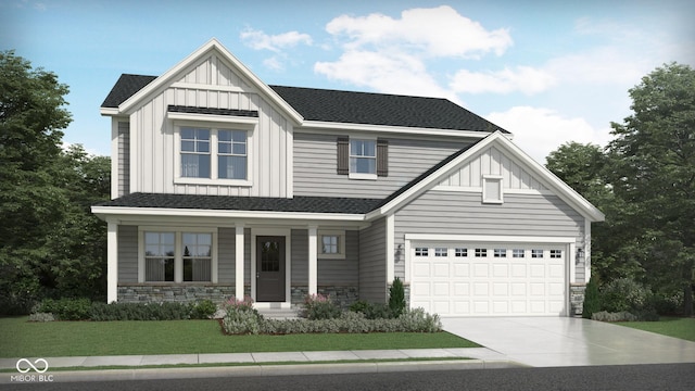 view of front of house with board and batten siding, stone siding, driveway, and a garage