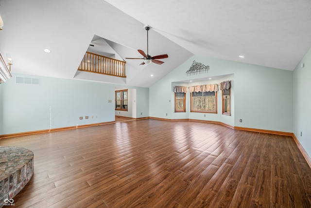 unfurnished living room featuring visible vents, ceiling fan, baseboards, and wood finished floors