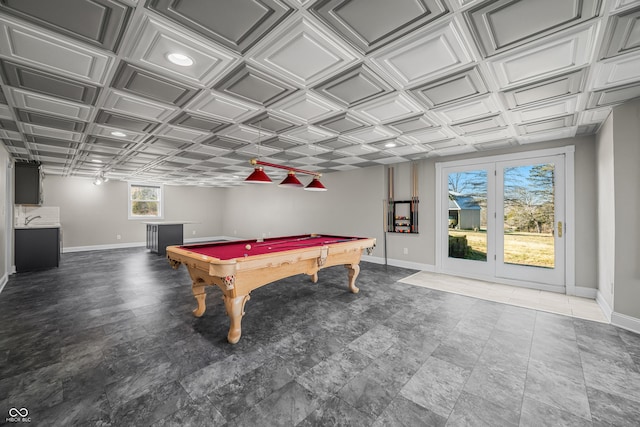 recreation room with billiards, an ornate ceiling, and baseboards