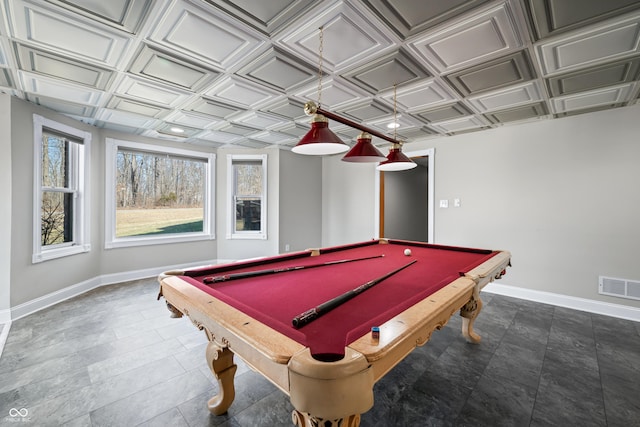 game room with an ornate ceiling, visible vents, and baseboards