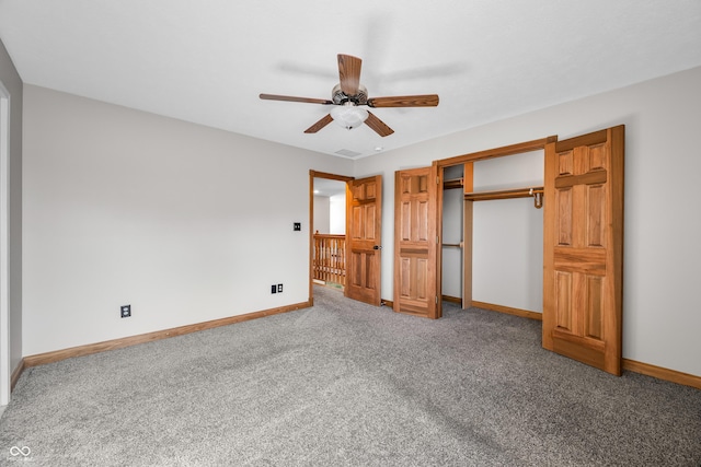 unfurnished bedroom featuring ceiling fan, a closet, carpet flooring, and baseboards