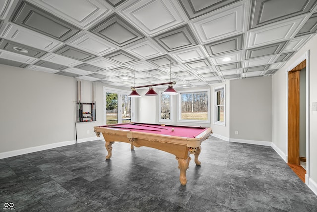 recreation room with an ornate ceiling, billiards, and baseboards