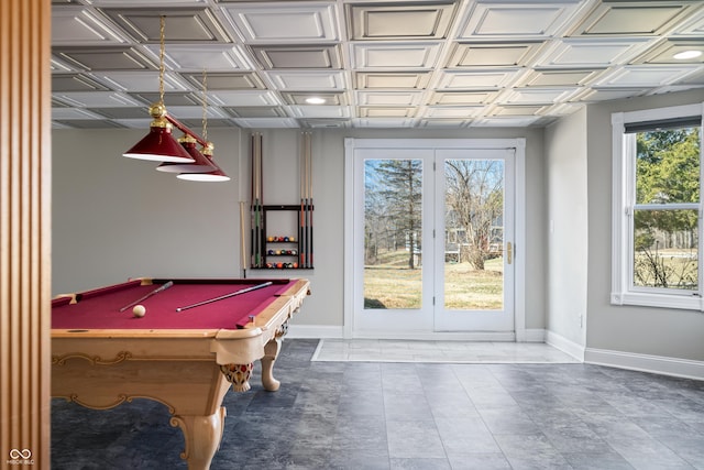 recreation room with an ornate ceiling, billiards, and baseboards