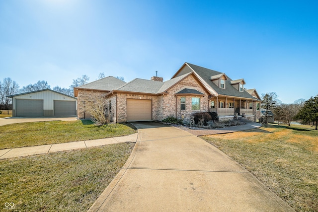 view of front of property with covered porch, brick siding, and a front yard