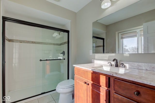 bathroom featuring a stall shower, tile patterned flooring, vanity, and toilet