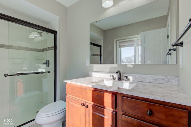 full bath featuring toilet, vanity, and a shower stall