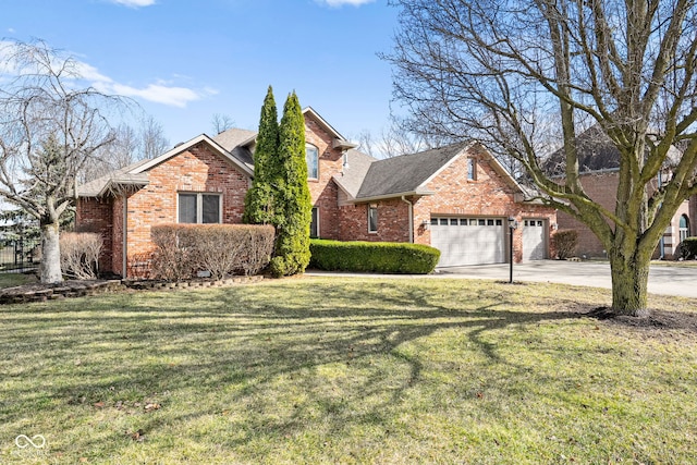 view of front of property with a garage, brick siding, concrete driveway, roof with shingles, and a front yard