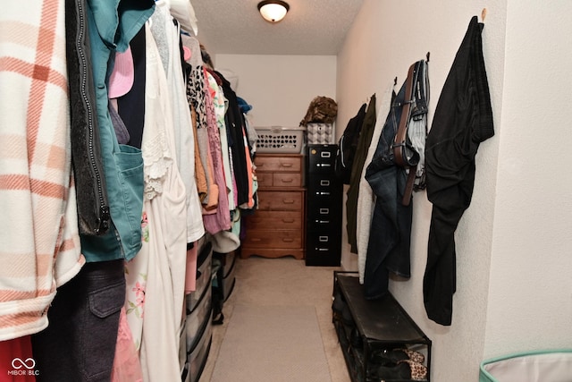 walk in closet featuring light carpet