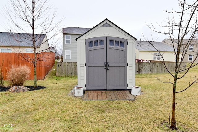 view of shed with a fenced backyard