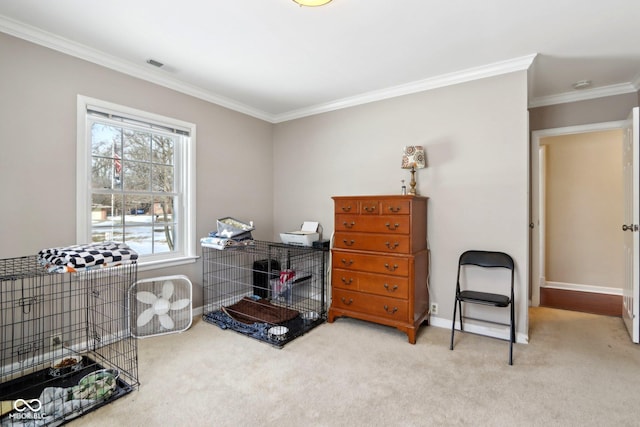 miscellaneous room featuring baseboards, carpet floors, visible vents, and crown molding