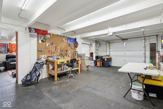 garage with a workshop area