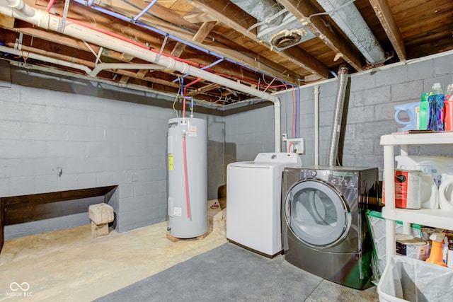 unfinished basement with water heater and washing machine and clothes dryer