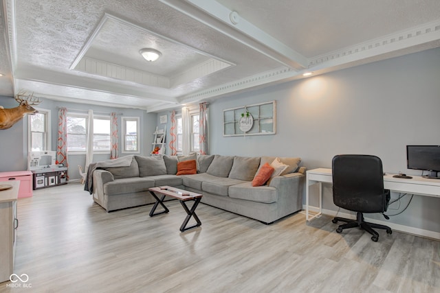 living area with light wood finished floors, baseboards, a raised ceiling, and a textured ceiling