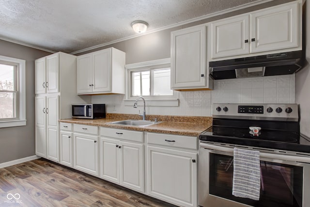 kitchen featuring light wood-style flooring, under cabinet range hood, a sink, white cabinets, and appliances with stainless steel finishes