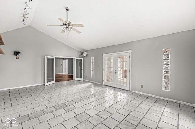 unfurnished room featuring baseboards, ceiling fan, tile patterned flooring, french doors, and track lighting