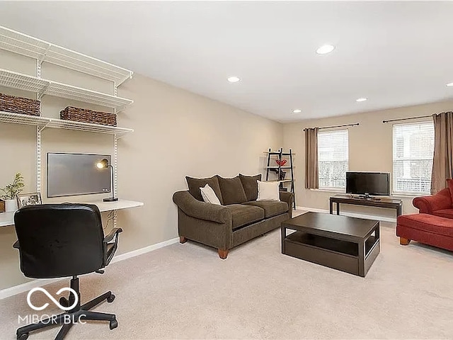 living room with light carpet, recessed lighting, and baseboards