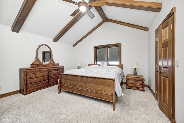 690 N 600 W, Lebanon, IN 46052 - carpeted bedroom with ceiling fan, lofted ceiling with beams, and baseboards