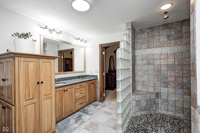 690 N 600 W, Lebanon, IN 46052 - bathroom featuring a sink, a textured ceiling, double vanity, and tiled shower