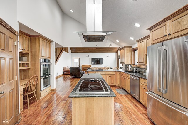 690 N 600 W, Lebanon, IN 46052 - kitchen featuring island range hood, appliances with stainless steel finishes, open floor plan, a center island, and a sink
