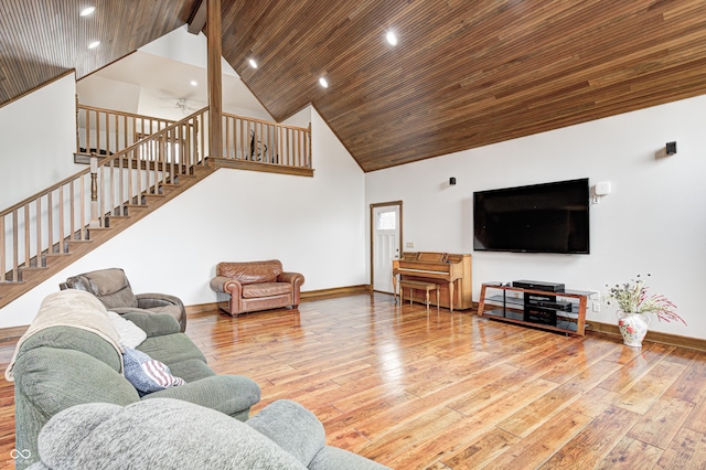 690 N 600 W, Lebanon, IN 46052 - living area featuring high vaulted ceiling, hardwood / wood-style flooring, wood ceiling, baseboards, and stairway