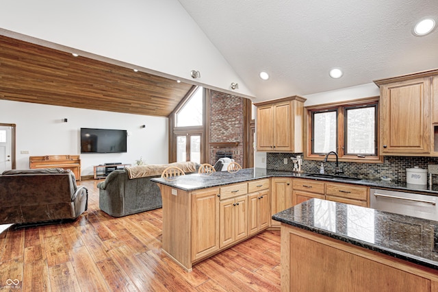 690 N 600 W, Lebanon, IN 46052 - kitchen with light wood-type flooring, a sink, backsplash, and stainless steel dishwasher