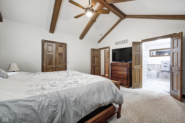 690 N 600 W, Lebanon, IN 46052 - bedroom featuring carpet floors, visible vents, ceiling fan, ensuite bath, and beamed ceiling
