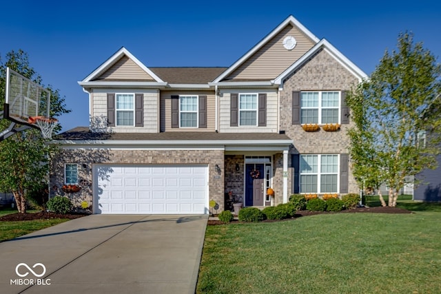 view of front of house with a garage, concrete driveway, brick siding, and a front yard