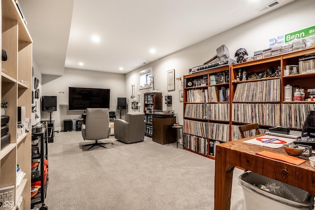 home office featuring carpet floors, recessed lighting, and visible vents