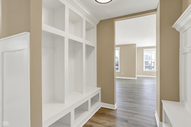 mudroom featuring wood finished floors and baseboards