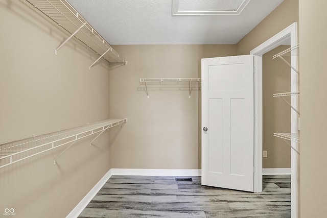 walk in closet with wood finished floors