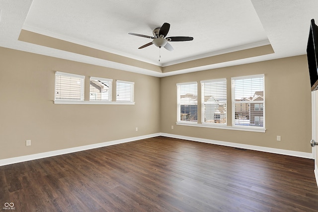 empty room featuring a raised ceiling and dark wood-type flooring