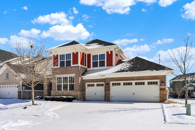 view of front facade featuring brick siding, roof with shingles, and an attached garage