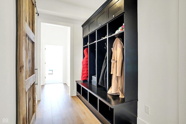 mudroom featuring light wood-type flooring and a barn door