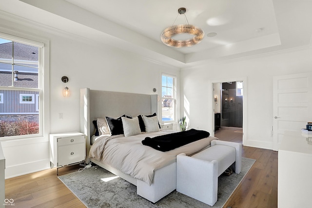 bedroom featuring a tray ceiling, hardwood / wood-style floors, and baseboards