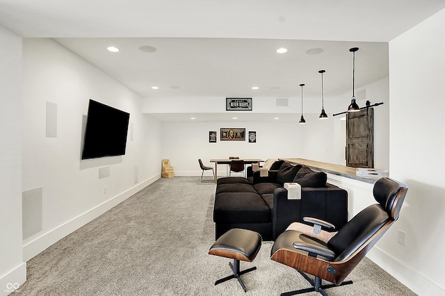 carpeted living room with baseboards and recessed lighting