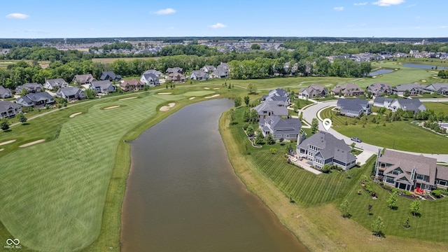 aerial view featuring a water view, view of golf course, and a residential view