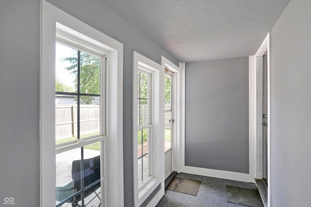 entryway featuring a textured ceiling, baseboards, and speckled floor